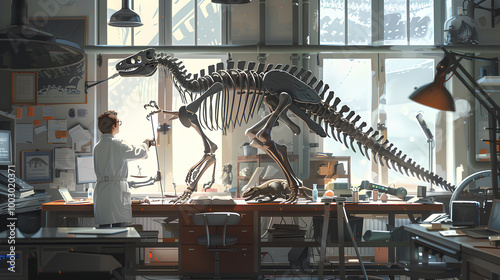 scientists working on a dinosaur skeleton