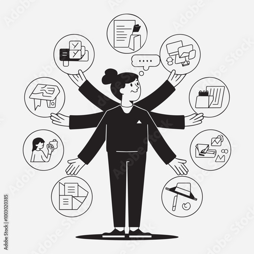 happy businessman multitasking vector outline clip art business, icon, businessman, idea, cloud, vector, concept, people, cartoon, money.
