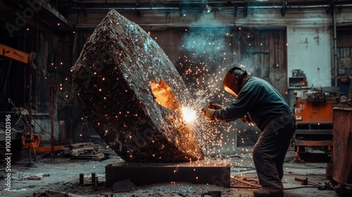 An artist is focused on welding a sizeable metal sculpture, creating a shower of sparks in a busy workshop filled with tools and materials, highlighting craftsmanship and creativity