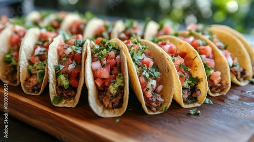 Delicious tacos filled with fresh ingredients served on a wooden platter outd...