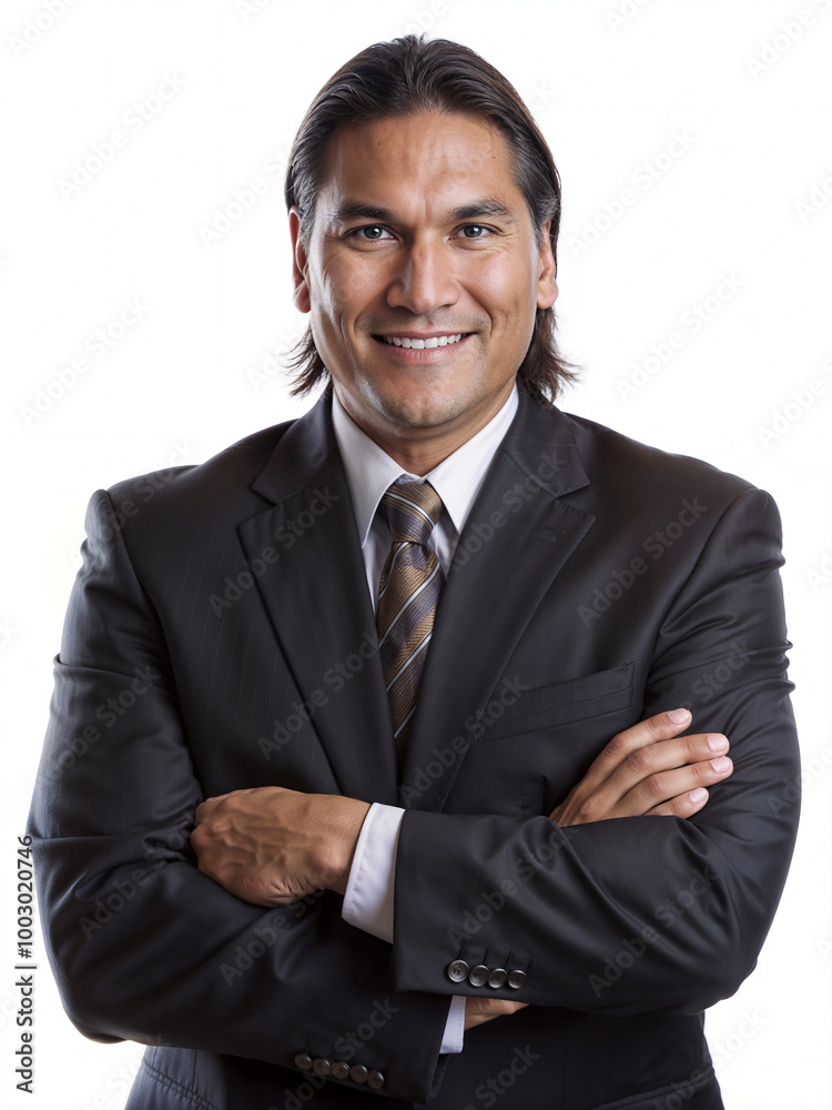 portrait of a smiling Native American businessman standing confidently with arms crossed against a plain white background portrait of a smiling Native American businessman standing confidently with arms crossed against a plain white background