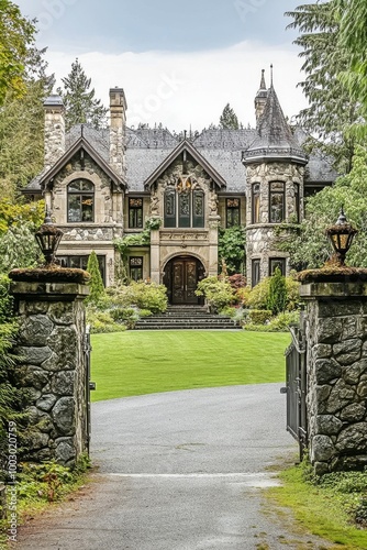 Stunning mansion with stone facade and lush gardens in a wooded setting