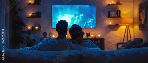 Back view of Couple watching movie on sofa at night