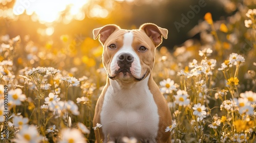 A friendly dog sits calmly in a vibrant field of wildflowers during a golden ...