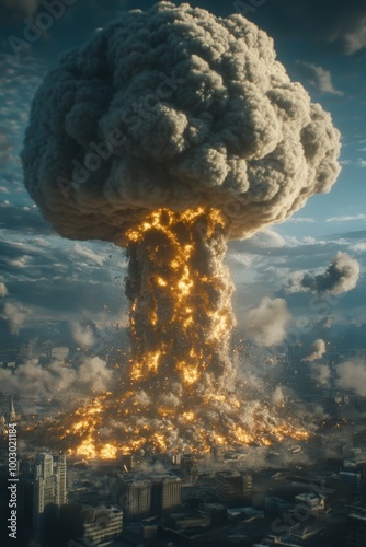 Dramatic explosion leaves a massive mushroom cloud over a cityscape during da...