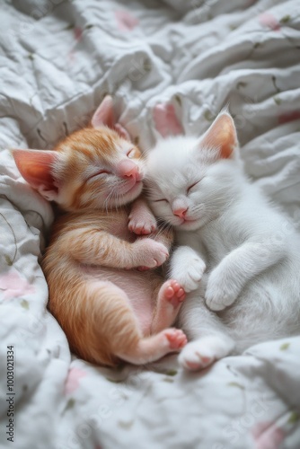 Cute kitten and piglet cuddle together on a cozy blanket in a warm indoor set...