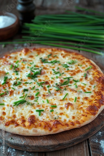 Delicious homemade pizza topped with fresh chives on a rustic wooden table
