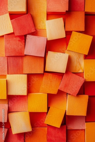Colorful wooden blocks arranged in a vibrant pattern showcasing red and orang...