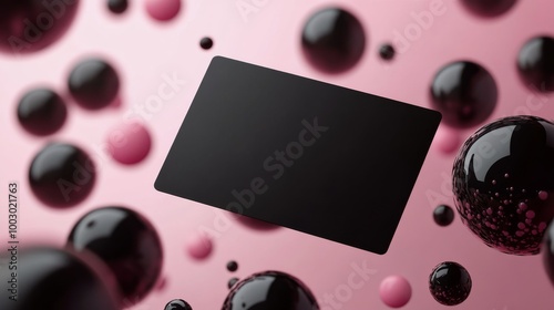 Dynamic display of black and colorful spheres surrounding a card on a pink ba...