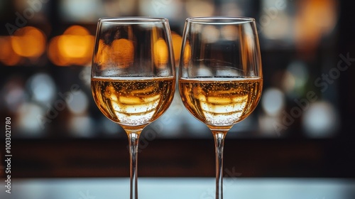 Elegant glasses of sparkling wine in a vibrant bar setting during an evening gathering with warm lighting