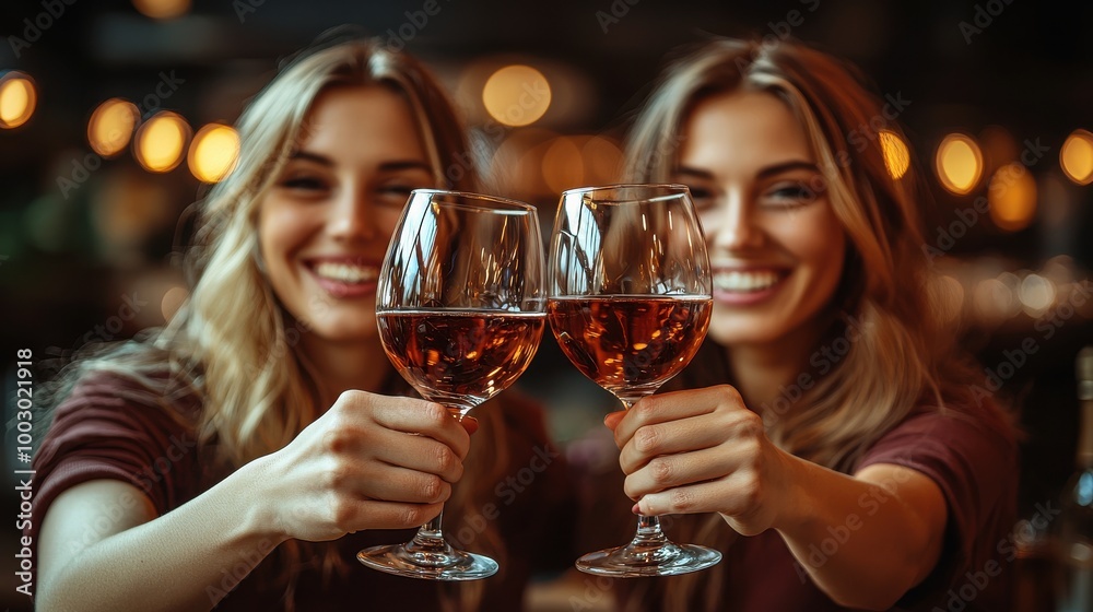 Two friends joyfully clinking wine glasses in a cozy bar setting during the evening, celebrating their friendship and moments together Two friends joyfully clinking wine glasses in a cozy bar setting during the evening, celebrating their friendship and moments together