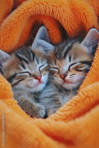 Two adorable kittens sleeping together in warm orange blanket during a cozy afternoon photo