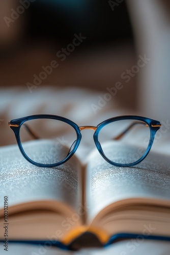 Glasses resting on an open book in a library setting during daytime