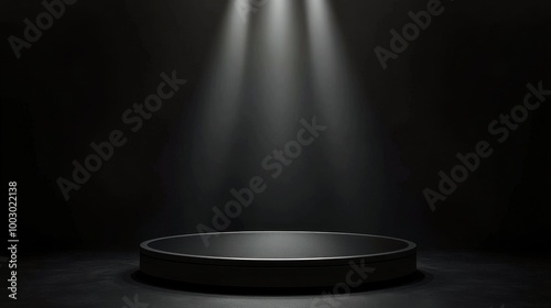 A darkened performance stage with focused overhead lights highlighting a circ...
