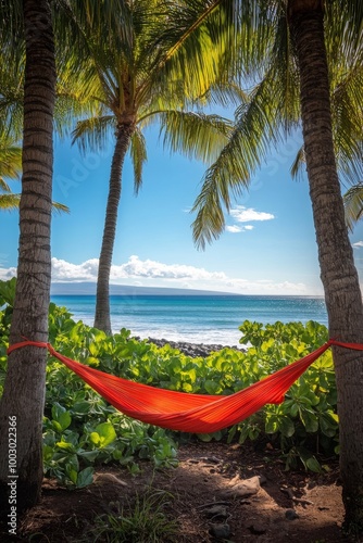 Relaxing in a red hammock between palm trees on a tranquil beach in tropical ...