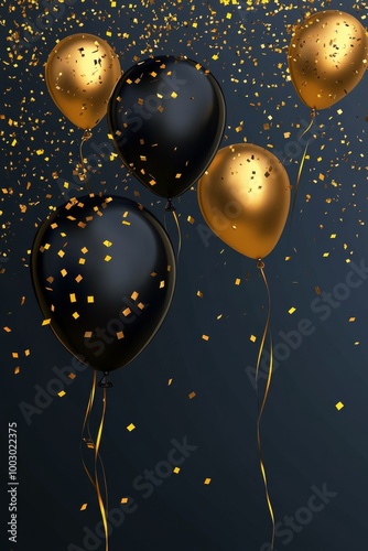 Vibrant black and gold balloons float amid sparkling confetti at the celebration