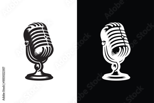 Classic Black And White Microphone Silhouette Vector Icon.