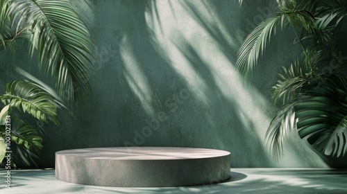 A serene green space featuring lush tropical plants and a minimalistic circul...