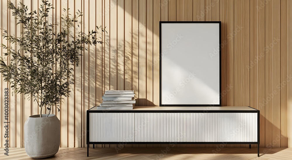 A mockup of an empty white poster frame leaning against a sideboard in a modern Scandinavian living room, with a hardwood floor and light wood paneling walls featuring vertical lines. A mockup of an empty white poster frame leaning against a sideboard in a modern Scandinavian living room, with a hardwood floor and light wood paneling walls featuring vertical lines.