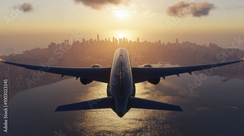 Aerial view of a commercial airplane flying over a city skyline during sunset