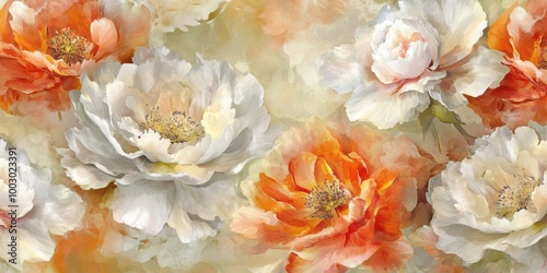 Fototapeta Naklejka Na Ścianę i Meble -  Elegant watercolor peonies in soft orange white hues