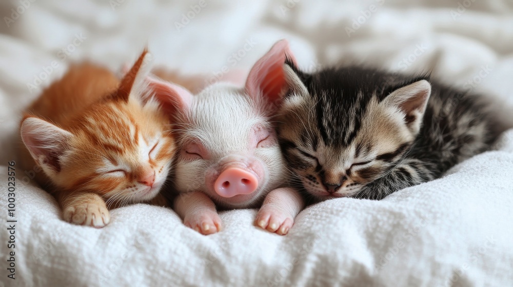 Three adorable sleeping animals cuddle together on a soft blanket in a cozy environment Three adorable sleeping animals cuddle together on a soft blanket in a cozy environment