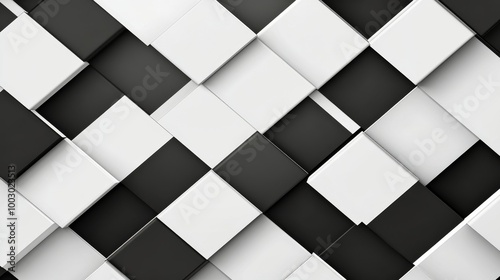3D geometric pattern of black and white cubes arranged in a dynamic layout