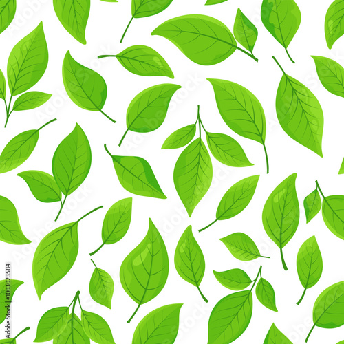 Seamless pattern green leaves. Floral backdrop with colorful foliage isolated on white. Endless texture for eco projects packaging wrapping fabric