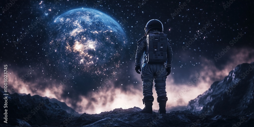 Astronaut standing on an alien planet with Earth in the background