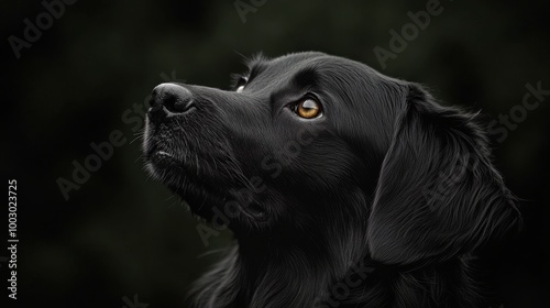 A beautiful black dog gazing thoughtfully against a dark background in soft l...