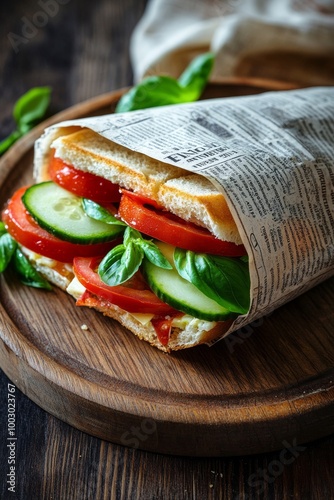Fresh vegetable wrap served on a wooden board with cherry tomatoes and basil ...