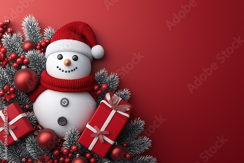 Smiling snowman with a red hat and scarf, Christmas gifts, ornaments and pine sprigs on a red background.