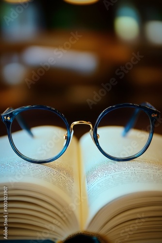 Glasses resting on an open book in a library setting during daytime