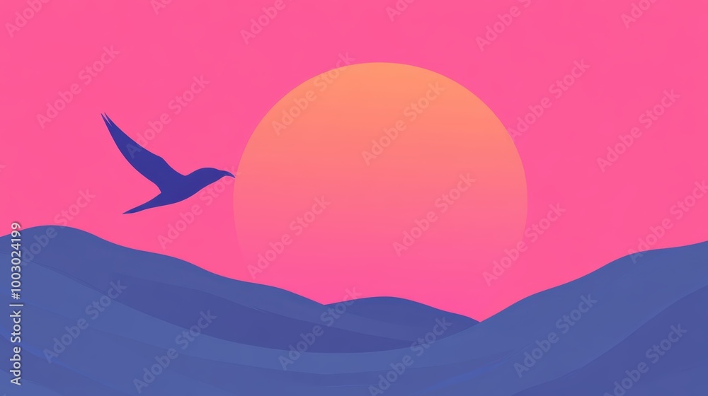 Naklejka premium Majestic bird silhouette flying at sunset tranquil hills