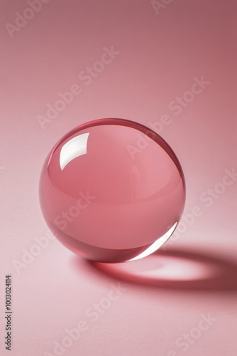 Delicate pink glass sphere resting on a soft pastel background with gentle reflections