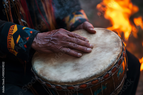Close-up Portrait of Native American Clan Leader's Hand Playing Drum in Their Ceremony, Fire Burning in Background, 