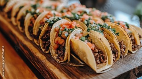 Delicious tacos filled with fresh ingredients served on a wooden platter outd...