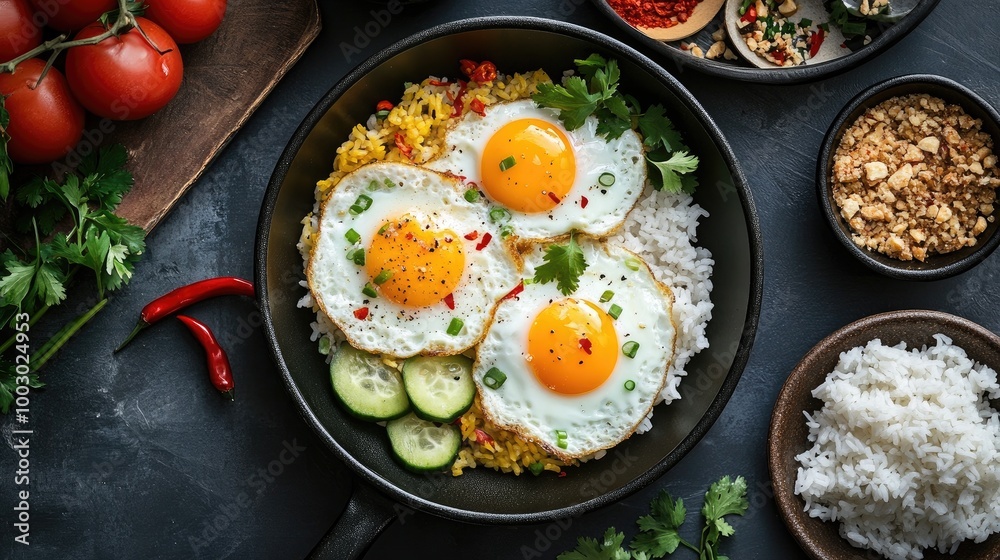 Colorful Breakfast with Eggs and Rice on Table Colorful Breakfast with Eggs and Rice on Table