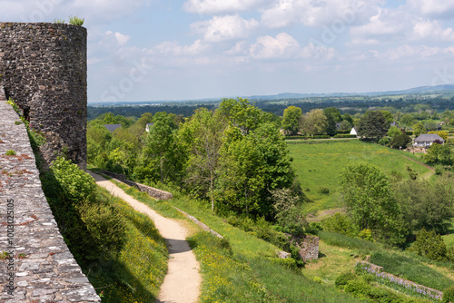 The rampart of the castle and walled city of Sainte-Suzanne with the postern path below (Sainte-Suzanne-et-Chammes, Mayenne, Pays-de-la-Loire, France)