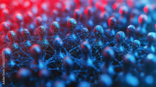 A network of interconnected figures in blue and red showcasing digital connec...