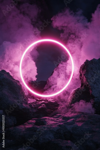 A glowing pink portal ring surrounded by purple mist in a rocky landscape at ...