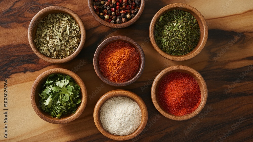 Colorful Spices in Wooden Bowls on Rustic Table Colorful Spices in Wooden Bowls on Rustic Table