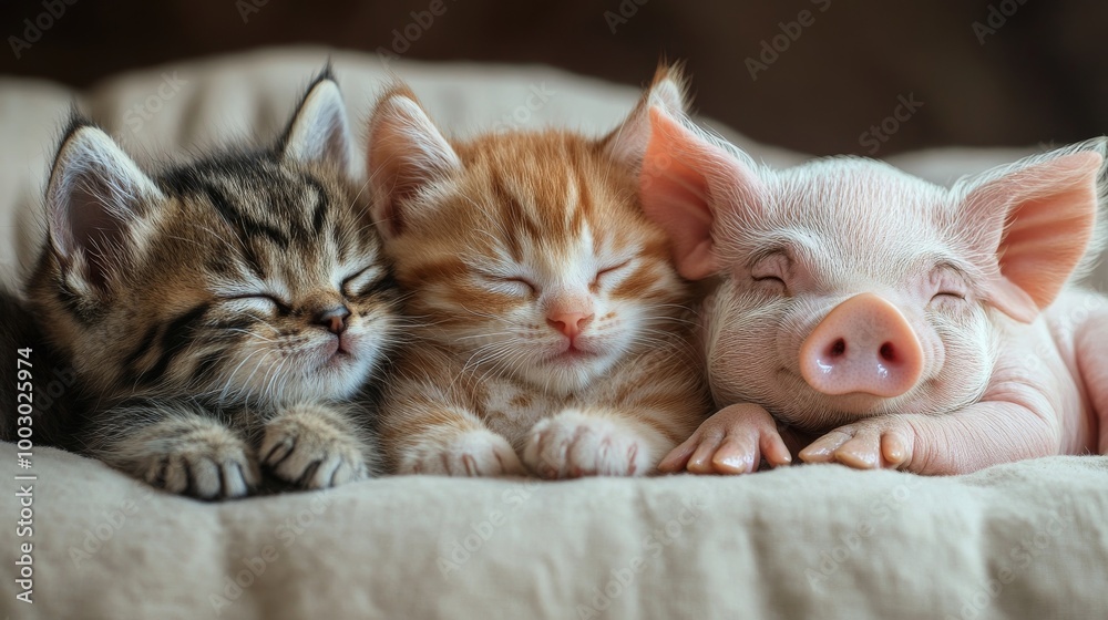 Three adorable sleeping animals cuddle together on a soft blanket in a cozy environment Three adorable sleeping animals cuddle together on a soft blanket in a cozy environment