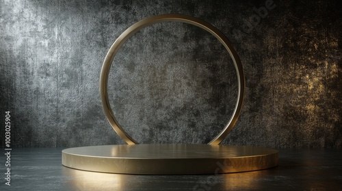 Elegant golden circular display stand on a textured dark background, ideal fo...