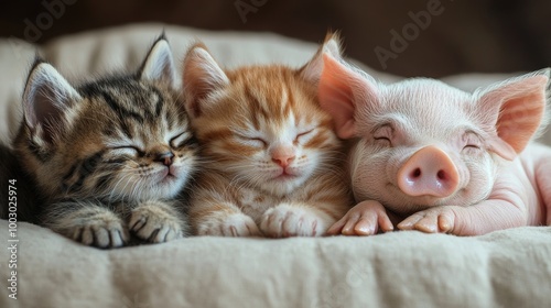 Three adorable sleeping animals cuddle together on a soft blanket in a cozy e...
