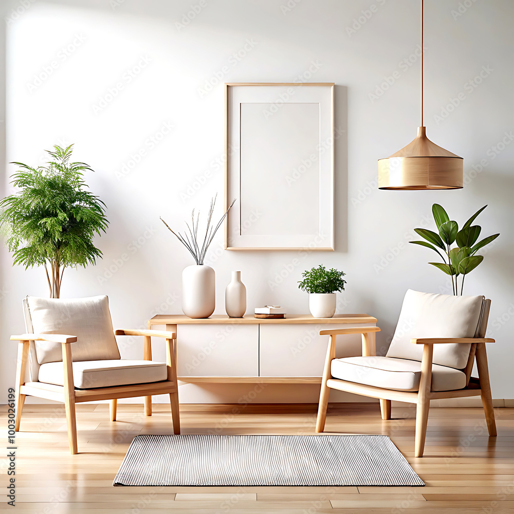 Fototapeta premium Home mockup, white room with natural wooden furniture, 3d render, white Mock up frame