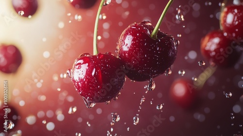 Fresh cherries splashing in water droplets against a vibrant red background d...