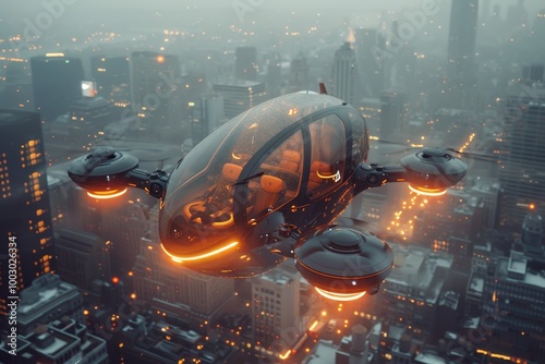 An unmanned drone taxi with six propellers flies over the skyscrapers of a bustling metropolis. The image showcases modern urban transport, air mobility and the future of commuting in smart cities. photo