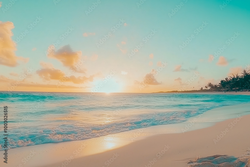 Fototapeta premium Tranquil beach at sunset, with pastel hues painting the sky and gentle waves lapping the shore