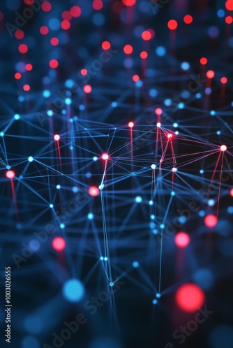 Abstract nodes and lines with red and blue lights on a dark background
